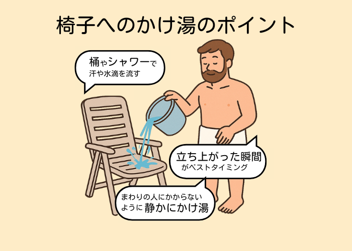 外気浴で使った椅子へのかけ湯　やり方や注意点　図解